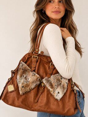 Badgley Mischka Brown Leather Tote Bag with Real Fur Accents Designer